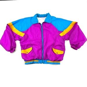 Vintage 90s womens windbreaker Blokette magenta turquoise gold Large Y2K